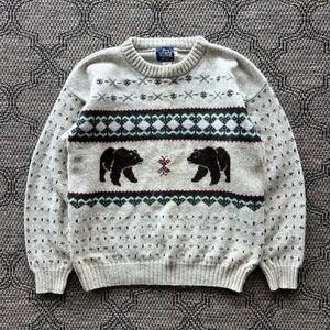 Vintage Woolrich Sweater Mens Large Gray Wool Blend Bear Fair Isle Cabin Cottage